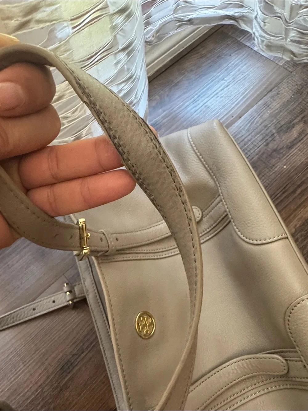 Tory Burch gray Pebbled Leather Tote with Gold Logo